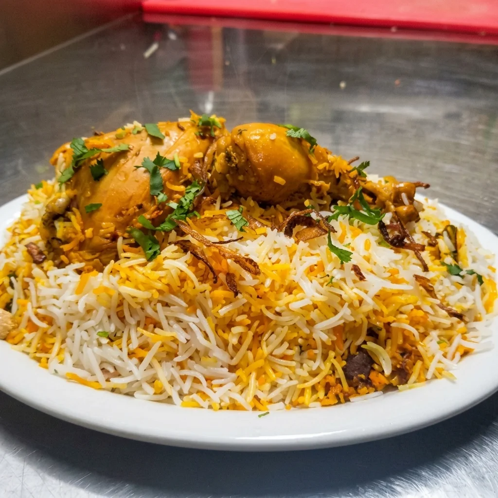 Signature chicken dum biryani slow cooked with spices at Foodies Calgary, NE Calgary, AB
