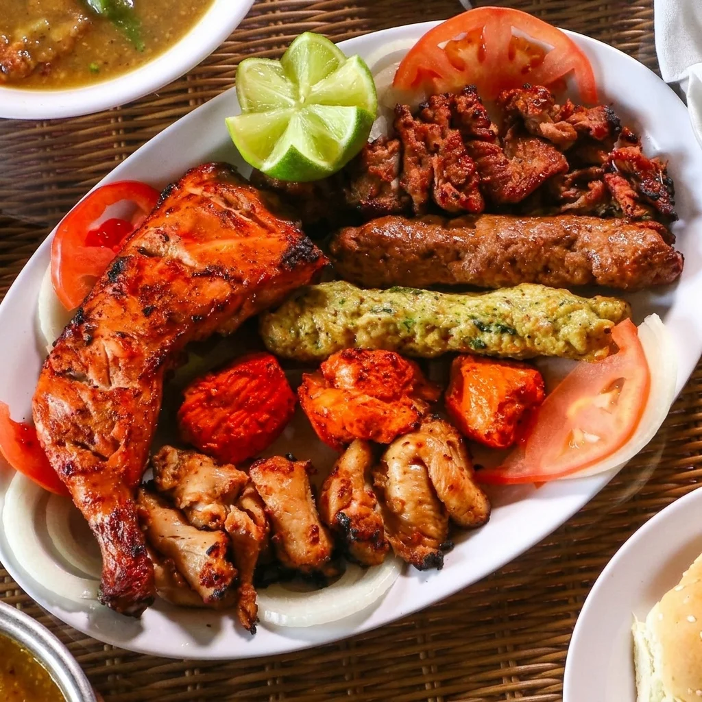 Halal BBQ platter with tandoori chicken, seekh kabab and fish tikka at Foodies Calgary, NE Calgary, AB